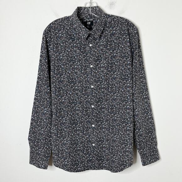 H&M Women's Button Up Shirt M Blue Floral Print Easy Iron Slim Fit Long Sleeve - Picture 3 of 8